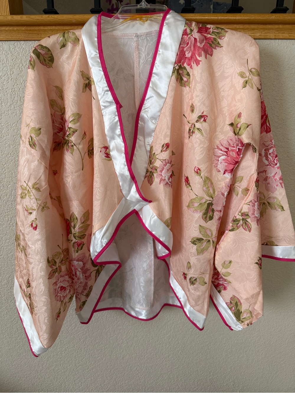 Floral Pink Satin-Trim Kimono Jacket